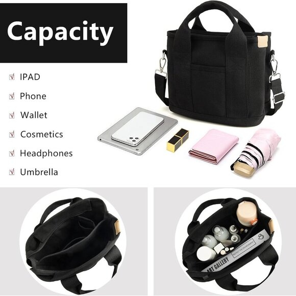 Canvas Tote Bag Women Multi Pockets Shoulder Handbag for Shopping Work Beach - Picture 4 of 7